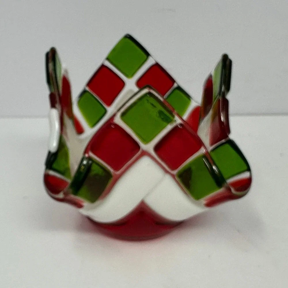 Art Glass Votive Candle Holder Red Green White Checkered Handkerchief Bowl A2